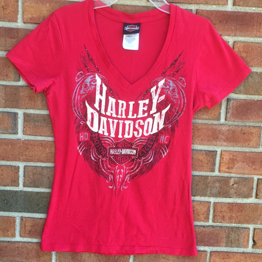 Harley-Davidson Woodstock Red Embellished Vintage Graphic V-Neck T-Shirt Medium